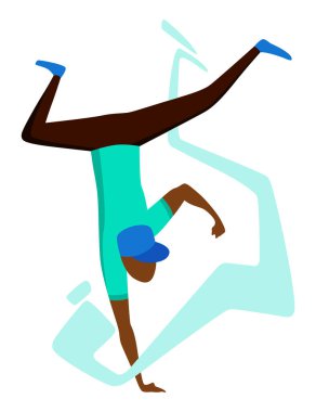 Çağdaş ve klasik dans. Dansçı karakter tasarımı. Düz vektör çizimi. Modern dans tarzı. Hip-hop, break, bale.