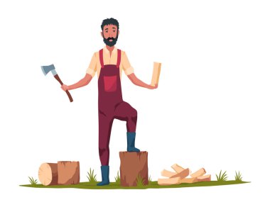 Yetenekli bir oduncu elinde baltayla gururla durur. Yeni kesilmiş odunların yanında. Doğada kırsal bir cazibe sergiliyor.