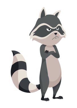 Çizgi filmdeki rakun karakteri duygusu. Komik yabani rakun duruşu, sevimli memeli. Vektör tasarım hayvan simgesi beyaz arkaplanda izole.