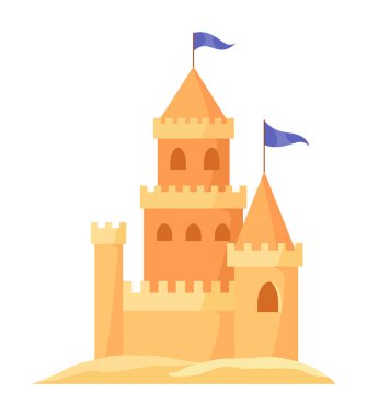 Kumdan kale. Çocuk kaleleri. Duvarı ve kulesi olan Sandy Kalesi. Kumlu saraylar ya da kaleler inşa etmek için yazlık kumsal oyunları. Plaj heykellerinin vektör çizimi.