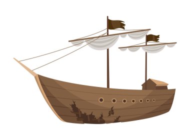 Broken ship icon. Cartoon wooden battered ship with tattered board after wreck or attack. Destroyed, wreck ship isolated on white background.