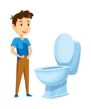 Çocuk tuvalet ikonu seti kullanıyor. Bebek tuvaleti kullanıyor. Çizgi filmdeki komik anaokulu çocuğu tuvalet eğitimi alıyor, beyazlar içinde izole edilmiş. Vektör illüstrasyon bilgileri tuvaletin nasıl kullanılacağını gösterir.