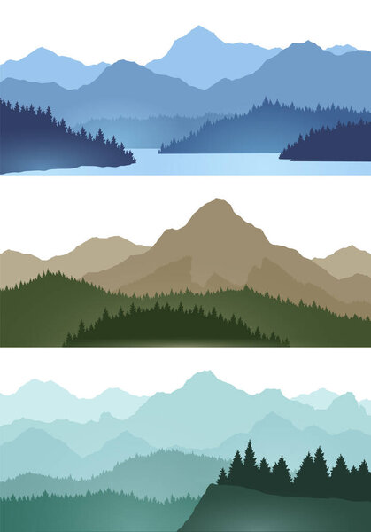 Foggy mountains landscape background set. Smoky and rocky panorama with mountains skyline and pine tree forest silhouettes. Scenery with slopes, vector cartoon illustration.
