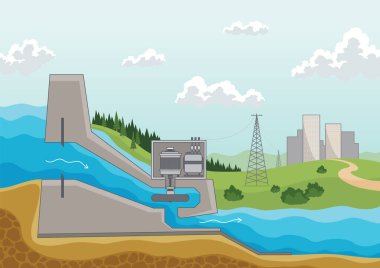Hidroelektrik santrali. Alternatif enerji konsepti, fabrika elektriği. Nehirde barajı olan bir su santrali. Vektör illüstrasyonu.