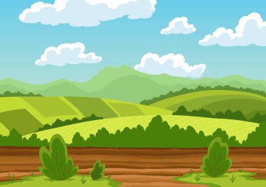 Tarım tarım arazisi. Kırsal bölge. Kırsal alanda tarlayı sürüyorum. Çiftlik hayatı, toprak ekimi. Vektör çizgi film illüstrasyonu.