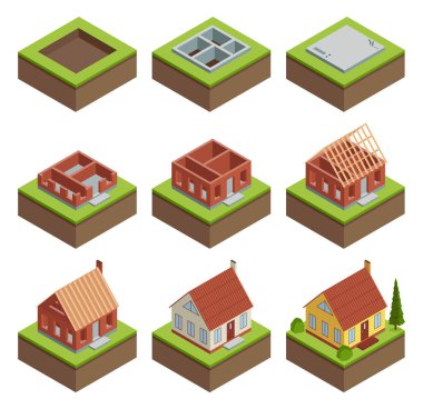 House construction Isometric set stage-by-stage. Visualization of modern building on different building process. Collection of phases from plan to finished building.
