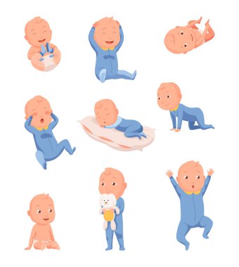 Yeni doğmuş bebek. Yüzünde nazik bir gülümseme olan yeni yürümeye başlayan çocuk. Yeni doğmuş şirin bir bebek. Vektör karikatür çizimi beyaz arkaplanda izole edildi.