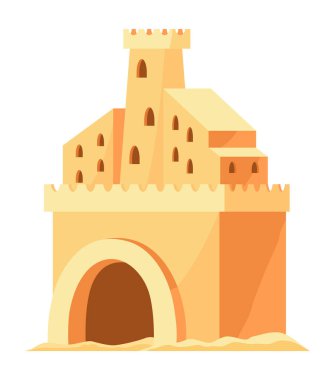 Kumdan kale. Çocuk kaleleri. Duvarı ve kulesi olan Sandy Kalesi. Kumlu saraylar ya da kaleler inşa etmek için yazlık kumsal oyunları. Plaj heykellerinin vektör çizimi.