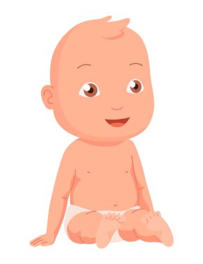 Yeni doğmuş bebek. Yüzünde nazik bir gülümseme olan yeni yürümeye başlayan çocuk. Yeni doğmuş şirin bir bebek. Vektör karikatür çizimi beyaz arkaplanda izole edildi.