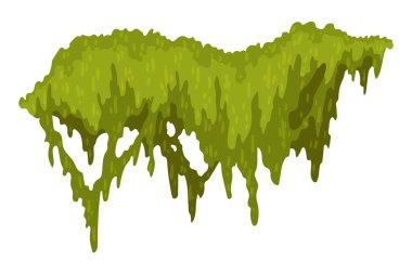 Çizgi film orman yosun şekli. Yeşil bataklık yosunu, orman asılması ve sürünen liken. Yağmurlu orman bitkisi. Beyazda izole edilmiş bilgisayar oyunları için bataklık fabrikası. Düz vektör illüstrasyonu.