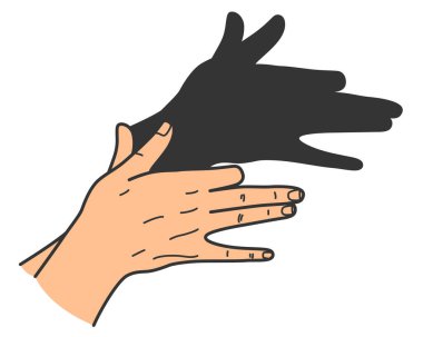 El hareketi. Avlanan hayvan kuklası. Işık gölgesi hayal gücü dahice. El oyunu, tiyatro kuklası. Vektör çizgi film illüstrasyonu.