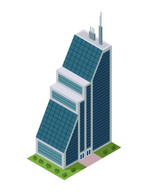 Ofis binası, izometrik gökdelen, modern daireler. Vektör illüstrasyonu, logolar, bilgi grafikleri ve şehir haritası oluşturma için kullanılan 3D tasarım.