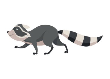 Çizgi filmdeki rakun karakteri duygusu. Komik yabani rakun duruşu, sevimli memeli. Vektör tasarım hayvan simgesi beyaz arkaplanda izole.