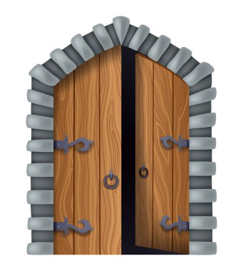 Ortaçağ kapısı, açık. Ortaçağ kalesi kapısı. Karikatür antik kale ahşap kapı veya kule kemer kapısı. Giriş için metal menteşeli taş kemer. Klasik şehir girişi, vektör illüstrasyonu.