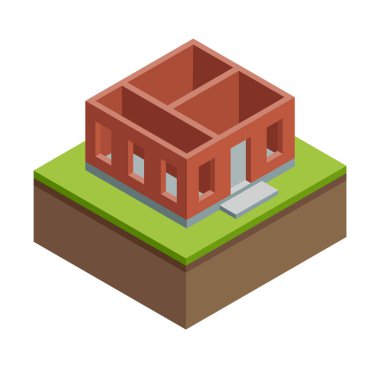 House construction Isometric stage. Visualization of modern building process. Construction of walls phase.