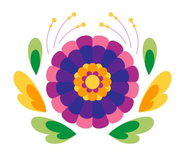 Meksika geleneksel çiçeği. Etnik nakış süslemesi. Dekoratif halk grafikleri, duvar kağıdı elementleri. Şenlikli Meksika çiçek motifi. Vektör illüstrasyonu.