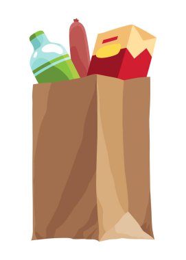 Kağıt alışveriş torbası ürünleri marketi. Farklı yiyecek ve içecek ürünleri, market alışverişi. Market süpermarketi. Taze organik yiyecek ve içecekler. Bakkal teslimatı konsepti.