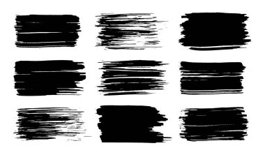 Boya fırçası seti. Siyah mürekkep grunge fırça darbeleri. Grunge tasarım elementleri. Boyalı mürekkep çizgileri. Yaratıcı izole yerler. Mürekkep lekesi, soyut şekil lekeleri ve karalama seti.