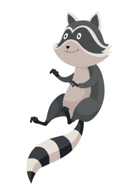 Çizgi filmdeki rakun karakteri duygusu. Komik yabani rakun duruşu, sevimli memeli. Vektör tasarım hayvan simgesi beyaz arkaplanda izole.