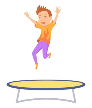 Çocuklar trambolin atlıyor. Çocuk zıplama ikonu. Çocuk aktiviteleri tasarım elemanı. Kapalı ya da açık havada eğlence, fitness atlayışı. Akrobatik ve jimnastik egzersizleri. Vektör illüstrasyonu.