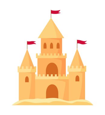 Kumdan kale. Çocuk kaleleri. Duvarı ve kulesi olan Sandy Kalesi. Kumlu saraylar ya da kaleler inşa etmek için yazlık kumsal oyunları. Plaj heykellerinin vektör çizimi.