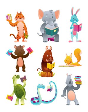 Hayvanlar kitap okuyor ve çalışıyor, ikon seti. Kitap okuyan çocuk karakterler. Okul eğitimi ve kütüphane için çizgi filmler. Çocuklar için vektör illüstrasyonu.