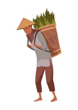 Saman koni şapkalı Asyalı çiftçi. Asya kırsal kültürü. Omuzlarında pirinç hasadı taşıyan Çinli çiftçi. Vektör çizgi film illüstrasyonu.