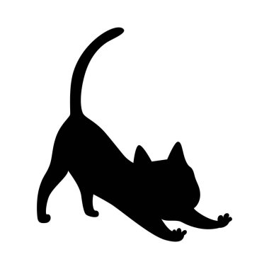 Kedi silueti. Beyaz arka planda siyah kedi şekli izole edilmiş. El çizimi, düz tasarım. Vektör kedicik oynuyor.