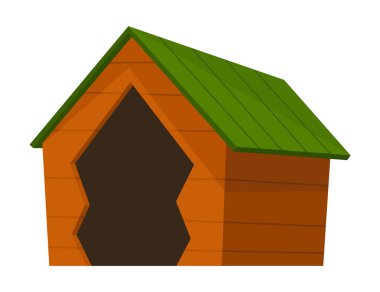 Köpek kulübesi ikonu. Çizgi film hayvan aksesuarı. Petshop süpermarket ürünü. Çatısı olan boş bir hayvan evi. Evcil hayvanlar için bir ev. İzole edilmiş düz vektör çizimi.