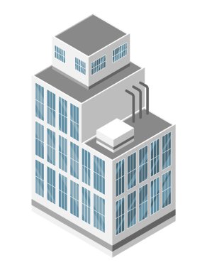 Bina izometrik, iş merkezi. Cam pencereli beyaz modern bina, gayrimenkul yatırımı. Vektör modern ofis veya otel binası.