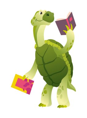 Hayvan okuma ve çalışma kitabı, şirin bebek kaplumbağa. Çocuk karakter okuma kitabı. Okul eğitimi ve kütüphane için çizgi film sembolü. Çocuklar için vektör illüstrasyonu.