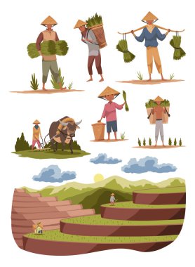 Saman koni şapkalı Asyalı çiftçi koleksiyonu. Asya kırsal kültürü. Omuzlarında ve ellerinde pirinç hasadı taşıyan Çinli çiftçiler. Vektör çizgi film illüstrasyonu