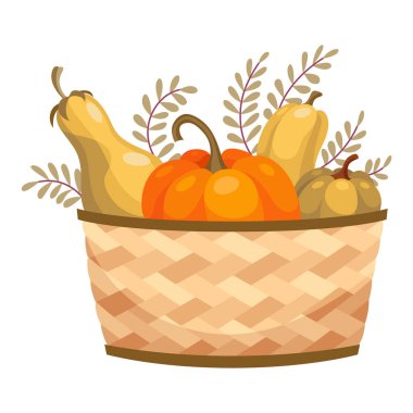 Sepet sonbahar hasat ikonu. Market ürünleri eko sepetinde. Taze organik sağlıklı vejetaryen yiyecekler. Hasat sepetleri, sonbahar sebze hasadı, beyaz üzerine izole edilmiş..
