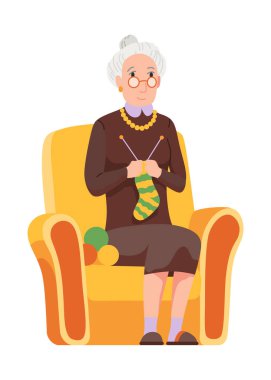 Yaşlıların hobisi. Sağlıklı ve aktif bir yaşam tarzı. Yaşlı ya da yaşlı insanlar boş vakitlerinde vakit geçiriyorlar. Büyükanne nakış işliyor. Düz vektör çizimi beyaz arkaplanda izole edildi.