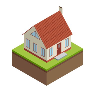 Ev yapımı Isometric sahnesi. Modern inşa sürecinin görselleştirilmesi. Peyzaj tasarımı aşaması.