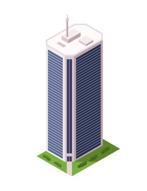 Ofis binası, izometrik gökdelen, modern daireler. Vektör illüstrasyonu, logolar, bilgi grafikleri ve şehir haritası oluşturma için kullanılan 3D tasarım.