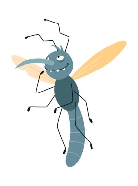 Çizgi film sivrisineği, komik karakter. Kan emici böcek, renkli düz simge. Şirin sivrisinek izole edilmiş vektör çizimi.