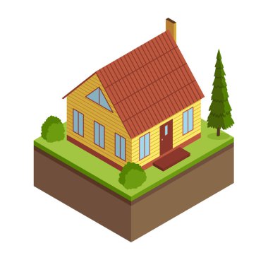 Ev yapımı Isometric sahnesi. Modern inşa sürecinin görselleştirilmesi. Peyzaj tasarımı aşaması.