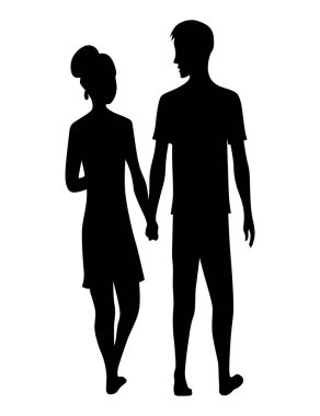 Aşık çiftler silueti. Erkek ve kadın birlikte duruyor. Sevgi dolu bir çift erkek ve kızın romantik siyah silueti. Vektör illüstrasyonu.