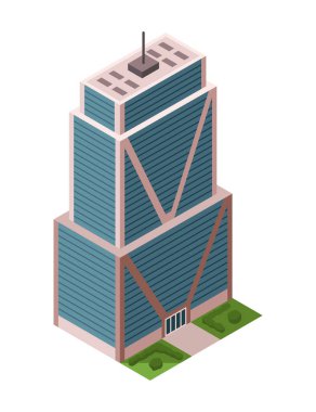 Ofis binası, izometrik gökdelen, modern daireler. Vektör illüstrasyonu, logolar, bilgi grafikleri ve şehir haritası oluşturma için kullanılan 3D tasarım.