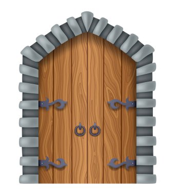 Ortaçağ kapısı, kapalı. Ortaçağ kalesi kapısı. Karikatür antik kale ahşap kapı veya kule kemer kapısı. Giriş için metal menteşeli taş kemer. Klasik şehir girişi, vektör illüstrasyonu.