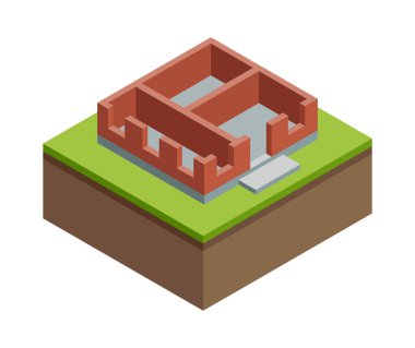 House construction Isometric stage. Visualization of modern building process. Construction of walls phase.