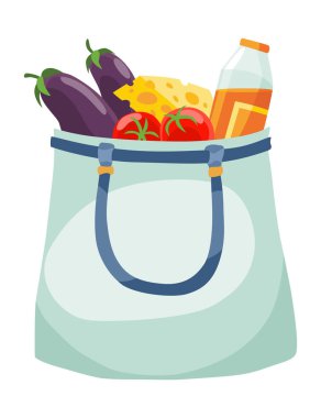 Alışveriş torbası ürünleri alışverişi. Farklı yiyecek ve içecek ürünleri, market alışverişi. Market süpermarketi. Taze organik yiyecek ve içecekler. Bakkal teslimatı konsepti.