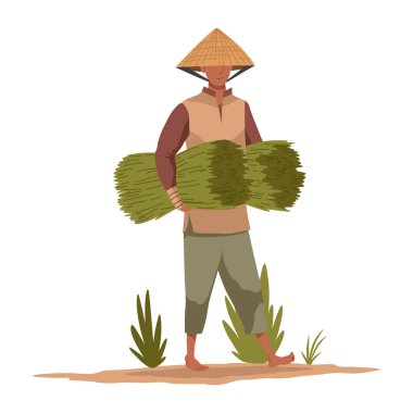 Saman koni şapkalı Asyalı çiftçi. Asya kırsal kültürü. Ellerinde hasat taşıyan Çinli çiftçi. Vektör çizgi film illüstrasyonu.