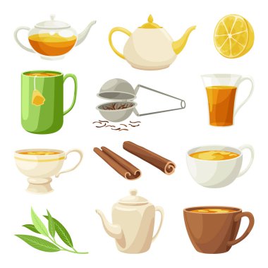Çay demleme ikonu seti. Çay partisi için aksesuarlar. Çaydanlıklar, çay fincanları ve geleneksel ve samimi çay içecekler için aşılayıcılar. Aromatik sıcak içecek. Düz vektör çizimi beyaz arkaplanda izole edildi