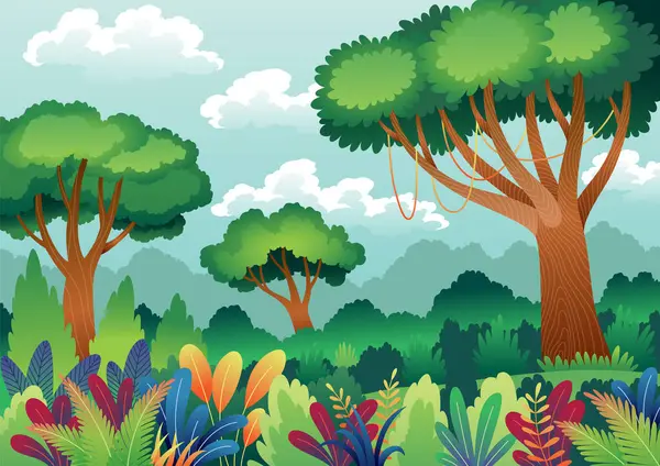 Orman perisi masalı. Çocuklar için orman ya da bahçe geçmişi. Renkli orman işçisi yatay duvar kağıdı çizmiş. Yeşil çimenlikteki ağaçlar ve çimenler. El çizimi doğa vektörü illüstrasyonu.