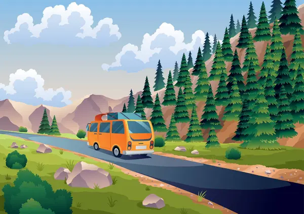 Seyahat tatili, arabayla seyahat. Doğada, ormanda kamp yapmak için yola çıktım. Yaz tatili macerası. Kayalık uçurumlarla dolu güzel bir dağ manzarasının arka planı. Düz vektör illüstrasyonu.