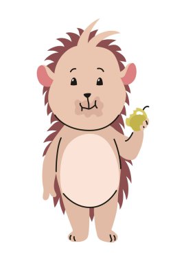 Elmalı güzel kirpi. Şirin, komik vahşi orman hayvanı. Huysuz çizgi film karakteri. Vektör izole illüstrasyonu.