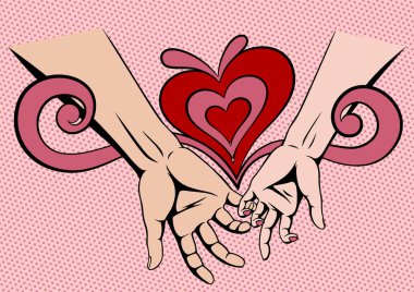 Birbirine aşık bir çift, geçmiş kavramı. Romantik poster tasarımı, aşkın sembolü. Mutlu genç adam ve kadın el ele tutuşur. İyi ilişkiler kavramı. Düz vektör illüstrasyonu.