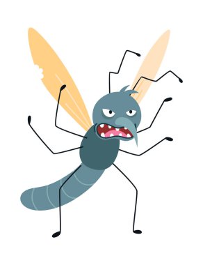 Çizgi film sivrisineği, komik karakter. Kan emici böcek, renkli düz simge. Şirin sivrisinek izole edilmiş vektör çizimi.